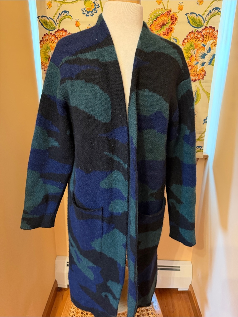 Kinross Women’s Long Open-Front Camouflage Cardigan Sweater - Blue/Green